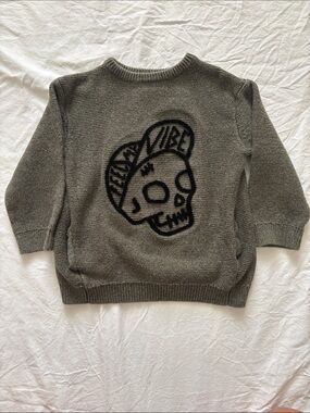 Zara kids Grey Knit Sweater with Black Skull Graphic